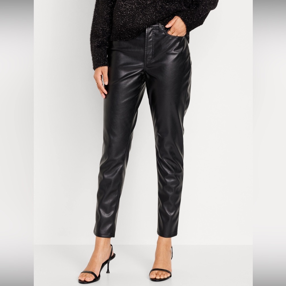 Black Faux Leather Cropped Straight Fit Pants, Size 12, Old Navy
